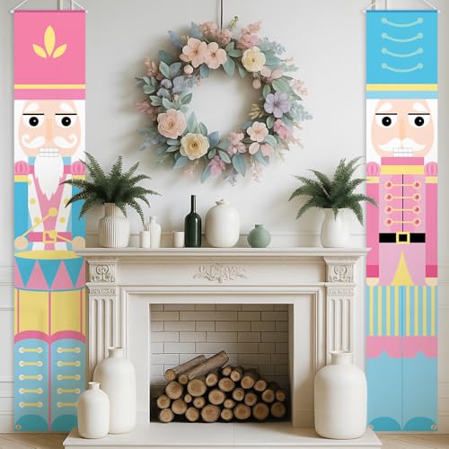 Pink Pastel Nutcracker Christmas Porch Banners - 12x71 Inch Front Door Sign Set