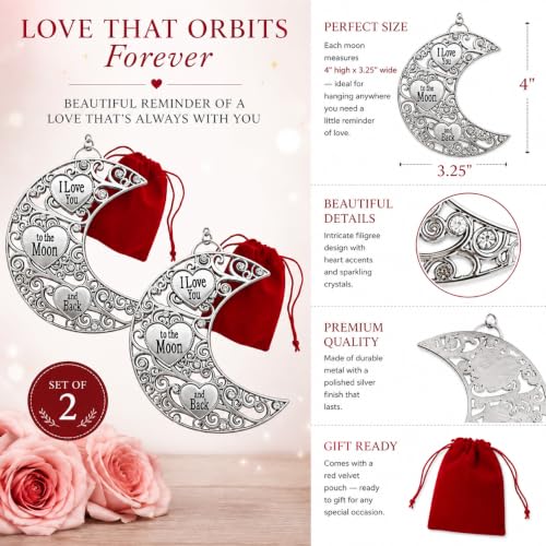 I Love You to the Moon and Back Ornament Set of 2, Filigree Moon Hearts with Crystals – Red Gift Bags Included (BANBERRY DESIGNS)