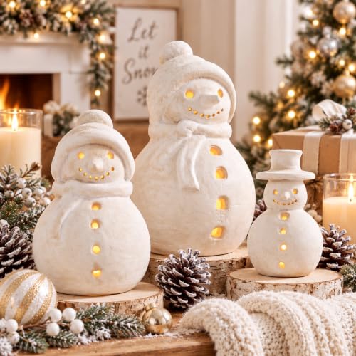 Skylety Rustic Terracotta LED Snowman Figurines Set - Christmas Decor, Battery-Powered Lights