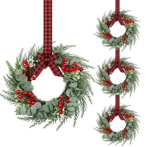 4 Pcs Mini Christmas Wreaths for Kitchen Cabinets, 8-Inch Holiday Decor