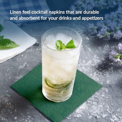 PAW Decor Collection 100 Dark Green Linen Feel Cocktail Napkins 4x4 in