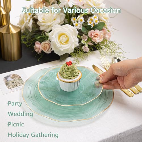 Fabulous Party 100PCS Green Plastic Plates with Gold Rim - Green Wave Variation