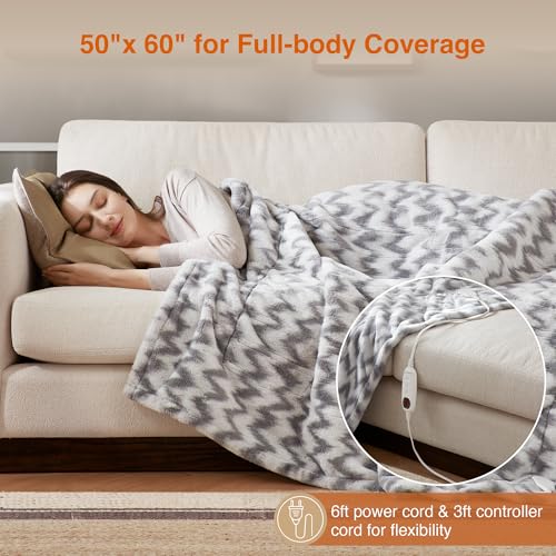 Chevron Faux Fur Electric Heated Throw Blanket, 50x60, Grey