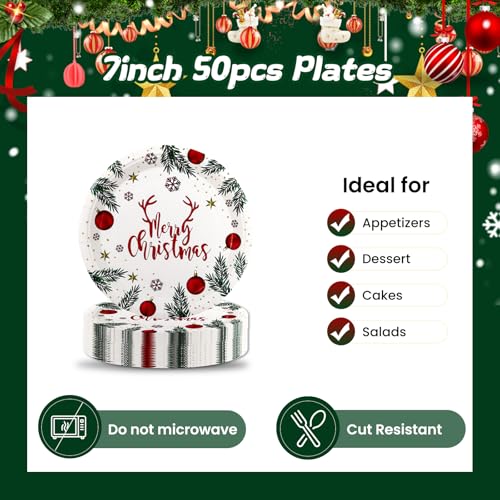 Christmas Paper Plates 50 Pcs 7-Inch Disposable Dinnerware for Holiday Parties