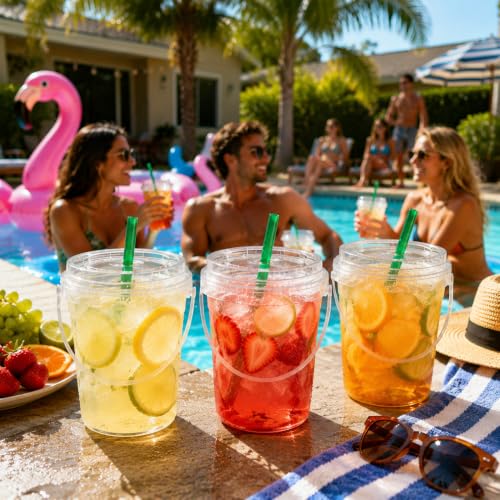 34oz Clear Plastic Drink Buckets with Lids, Handles & Straws — 30 Pack