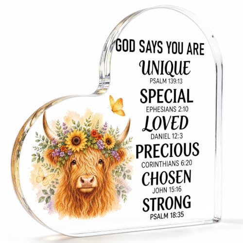 Christian Highland Cow Decor Gift for Women - Rustic Faith Message Plaque