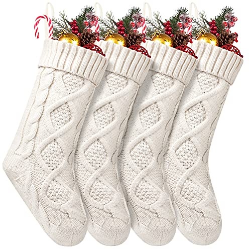 Cable Knit Christmas Stockings 4-Pack - 18 Inch Large Ivory White Decor