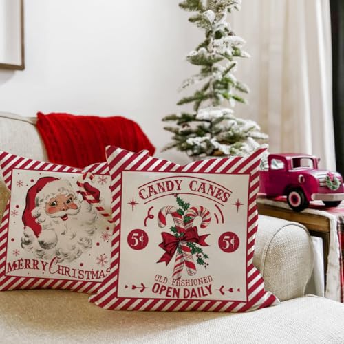 Christmas Throw Pillow Covers 20x20 Set of 2, Santa Claus & Candy Cane - Red Outdoor Indoor