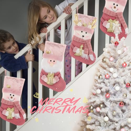 Pink Christmas Stockings with Gold Sequins & 3D Holiday Characters - 1 Pack Snowman, Santa, Reindeer, Personalized 20" Decor