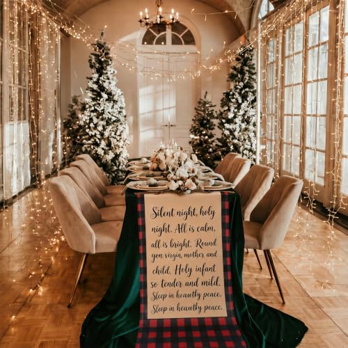 CrystalSylara Red and Black Plaid Christmas Table Runner, Silent Night Design, 118 Inch