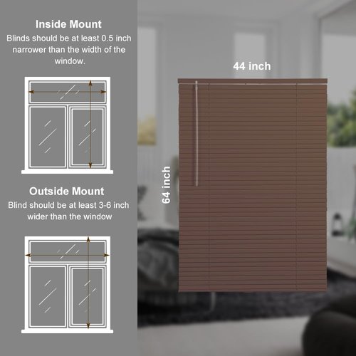SEEYE Cordless Mini Blinds Aluminum Venetian Blind Horizontal Window Shades, 1" Slat Size - Rooming Darkening Blinds Anti-UV & Waterproof for Bedroom, Office, Easy to Install, 44" W x 64" H, Brown
