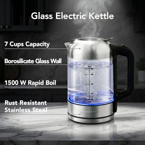 OVENTE 1.8L Glass Electric Kettle - Silver, Fast Boil Water Heater