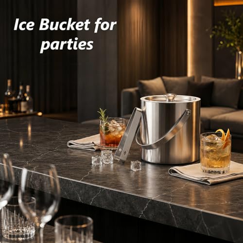 3L Stainless Steel Insulated Ice Bucket with Lid & Tongs for Home Bar