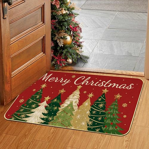 Soheioue Red Christmas Doormat - Festive Xmas Tree & Welcome Mat 17x29 Inch