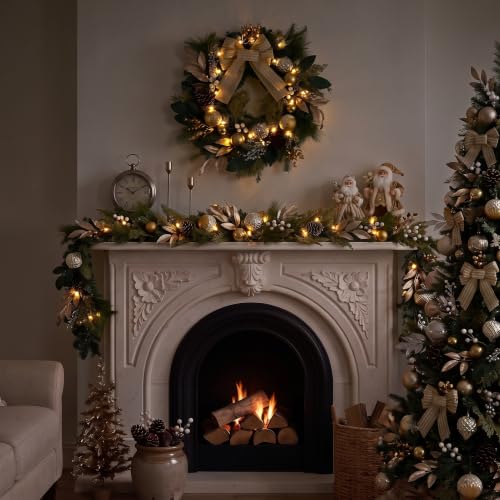DecorbyHannah 20-Inch Modern Gold & White Prelit Christmas Door Wreath with Lights