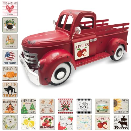 13.4" Farmhouse Red Metal Truck with 20 Interchangeable Seasonal Magnets