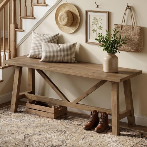 43-Inch Solid Wood Farmhouse Bench, Rustic Narrow Entryway Seat