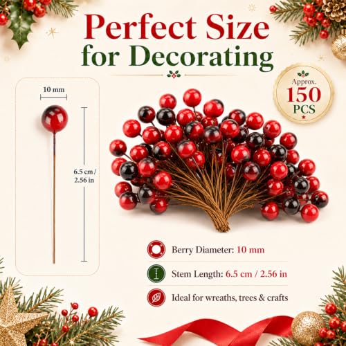 150 Pcs Artificial Holly Berries for Christmas Decor - Red Foam Stems for Wreaths, Tables & DIY Projects