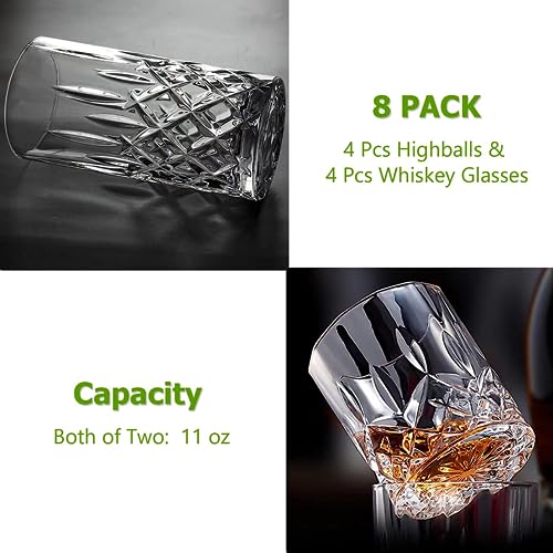 8-Piece Crystal Glassware Set, 11oz Highball and Rocks Whiskey Glasses