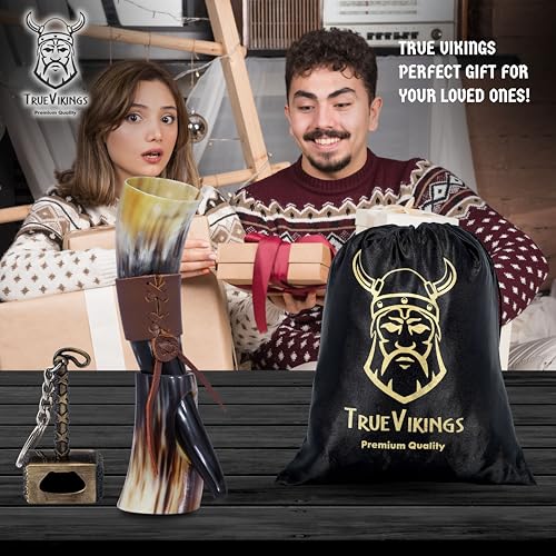 TRUE VIKING Handcrafted Ox Horn Drinking Horn - Shine Polished Pack of 1 with Thor Bottle Opener & Stand, 12 oz Viking Beer & Mead Cup - Valentine Gift