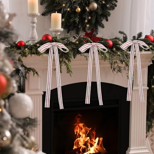 Glitinsel 12 Pcs Red White Cotton Christmas Ribbon Bows 1" Holiday Decor