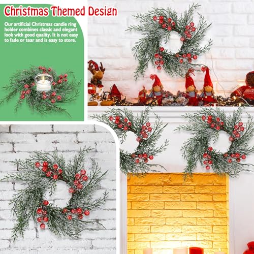 Set of 6 Christmas Candle Ring Wreaths with Red Berries & Snowy Pine