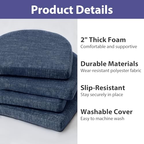 Non-Slip Dining Chair Cushions 16x16 - Set of 4 Navy Seat Pads