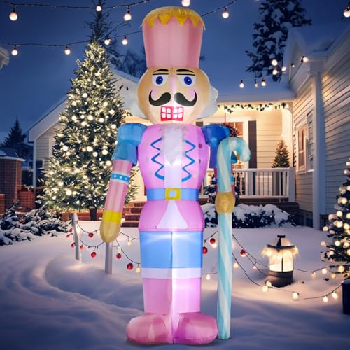 DomKom 12ft Pink Christmas Inflatable Nutcracker Soldier with Candy Cane LED Lights