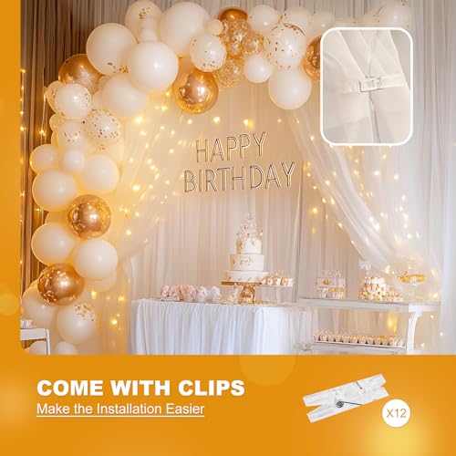 HOLITS White 10x10ft Tulle Backdrop with 300 LED Fairy Lights, USB, 2 Panels for Wedding & Party