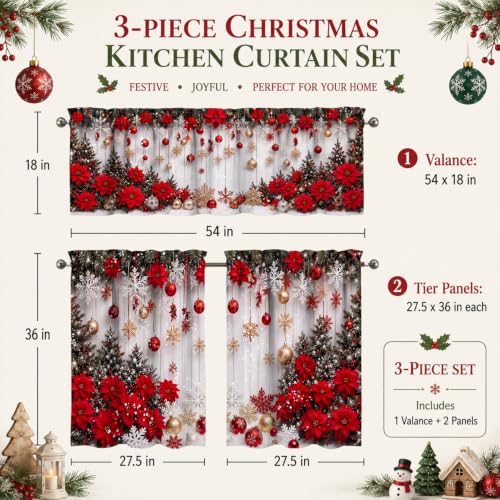 ZORKET Xmas Poinsettia 36W x 55L 3-Piece Kitchen Curtain Set with Valance (Over Sink) - Holiday Window Decor