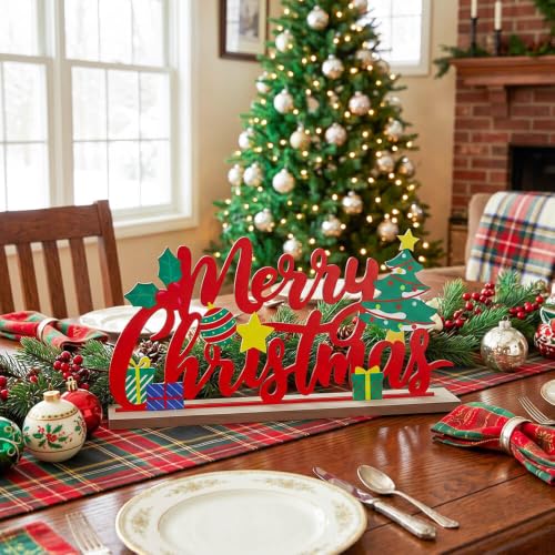 Merry Christmas Indoor Metal Sign with Wooden Base - Farmhouse Rustic Holiday Decor
