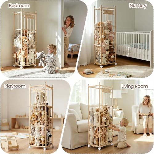 Wooden Stuffed Animal Storage with Wheels - Large Plush Toy Organizer