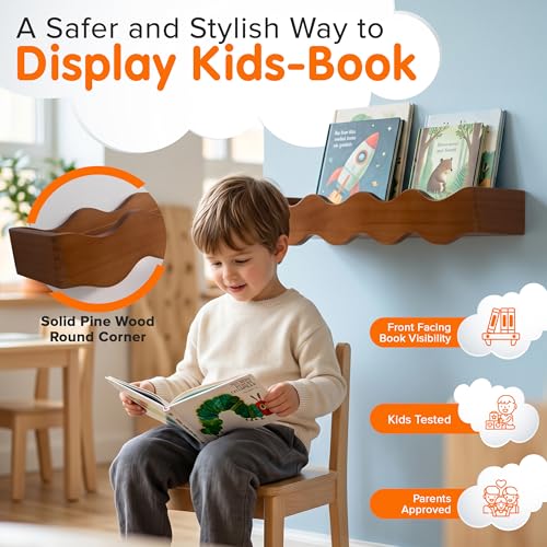Floating Nursery Book Shelves - Solid Pine Wall Bookshelf for Kids Room (Set of 2)