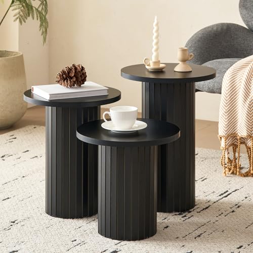 3-Piece Modern Nesting Coffee Table Set with Fluted Drum Base, Black