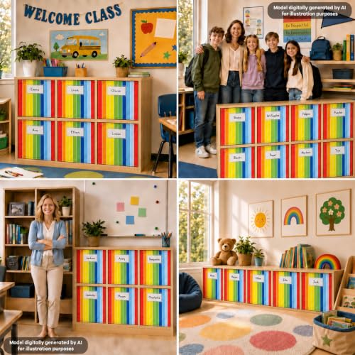 6-Piece Rainbow Classroom Cabinet Curtains for Shelves with Label Pockets