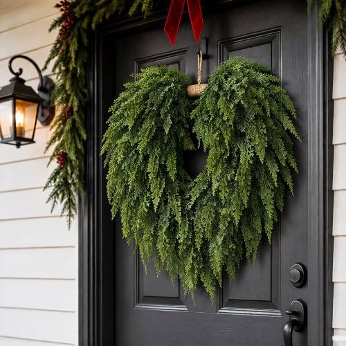 Artificial Heart-Shaped Cedar Wreath for Front Door Decoration - 21 Inch
