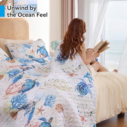 Sea Turtle Coastal Quilt Set Queen Size - Soft Microfiber Bedding