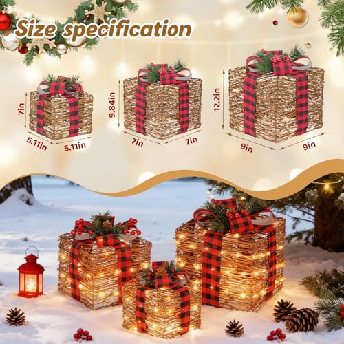 Christmas Gift Box Set with LED Lights, Rustic Rattan Decor, 3 Sizes