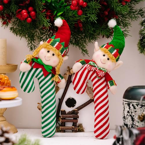 Elf Candy Cane Christmas Hanging Ornament - Plush Holiday Decor, Set of 2