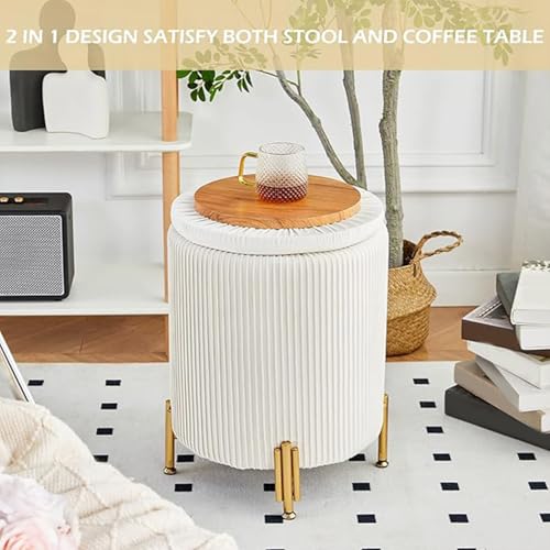 Round Velvet Storage Ottoman with Metal Legs, Cream Padded Footstool