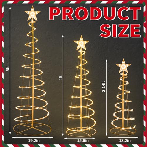 COVFEVER 3-Piece Christmas Spiral Tree Lights Set Warm White 3/4/5 FT Holiday Decor