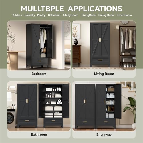 Modern Farmhouse Metal Wardrobe Closet with Hanging Rod and Drawer