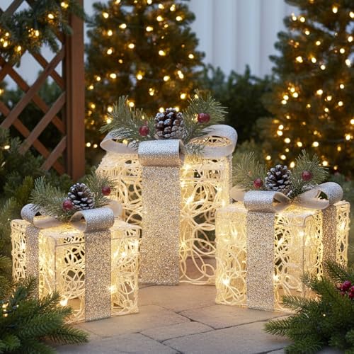 Lighted Christmas Gift Boxes Set of 3 Indoor Outdoor Holiday Decor