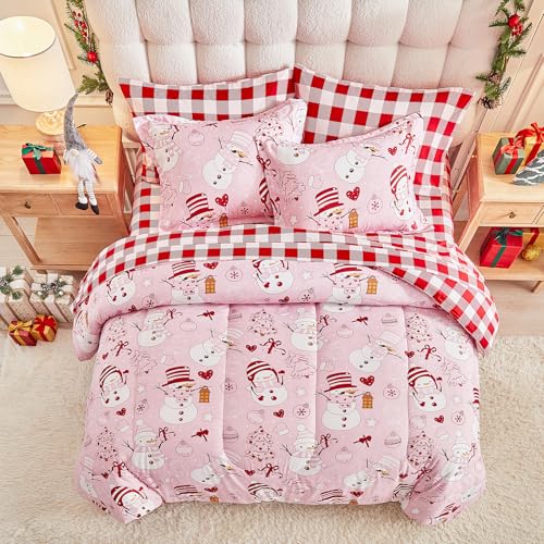 UOZZI Bedding Christmas Queen Comforter Set 7pc – Pink Snowman, Red Plaid, 12in Fitted Sheet