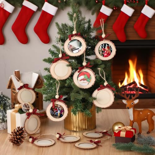 Wonderjune Red & Black Round Wooden Christmas Picture Frame Ornaments with Bow - Set of 24