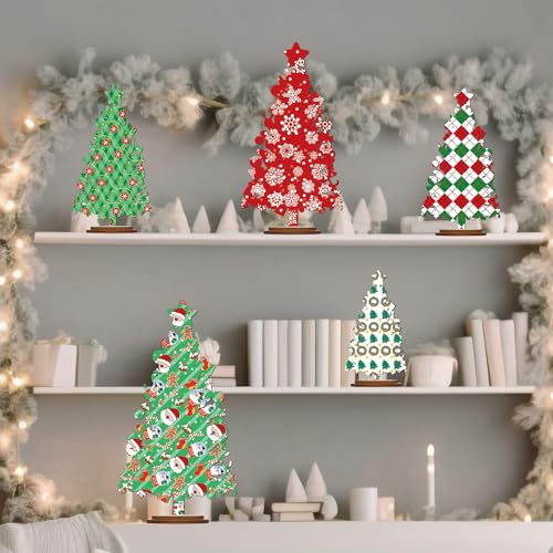 5 Pcs Rustic Wooden Christmas Tree Table Decor - Freestanding Shelf