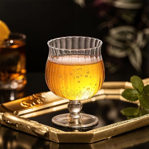 Ribbed Crystal Drinking Glasses, 8 oz Stemmed Juice Goblets Set of 2