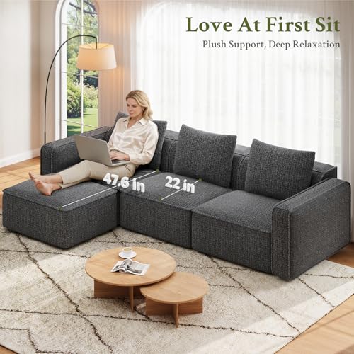 103" Modular L-Shaped Sectional Sofa with Ottoman, Grey Cloud Couch