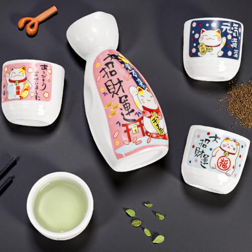 Goaste Ceramic Japanese Sake Set with 4 Cups & 1 Bottle - Maneki Neko Fortune Cat Pattern