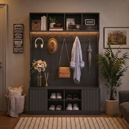 5-in-1 Hall Tree with Shoe Bench, LED Motion Sensor Light, and Storage